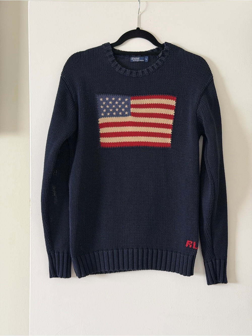 Vintage Polo Ralph Lauren American Flag Navy Blue Cotton Sweater JAPAN - Size L